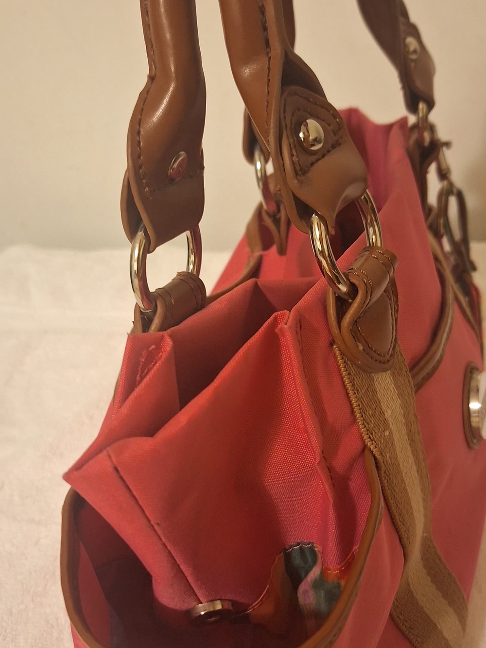Tyler Rodan Coral Canvas Tote with Tan Trim and Multicolor Tag (13.5 X 8.5 X 4.5 - Picture 16 of 16